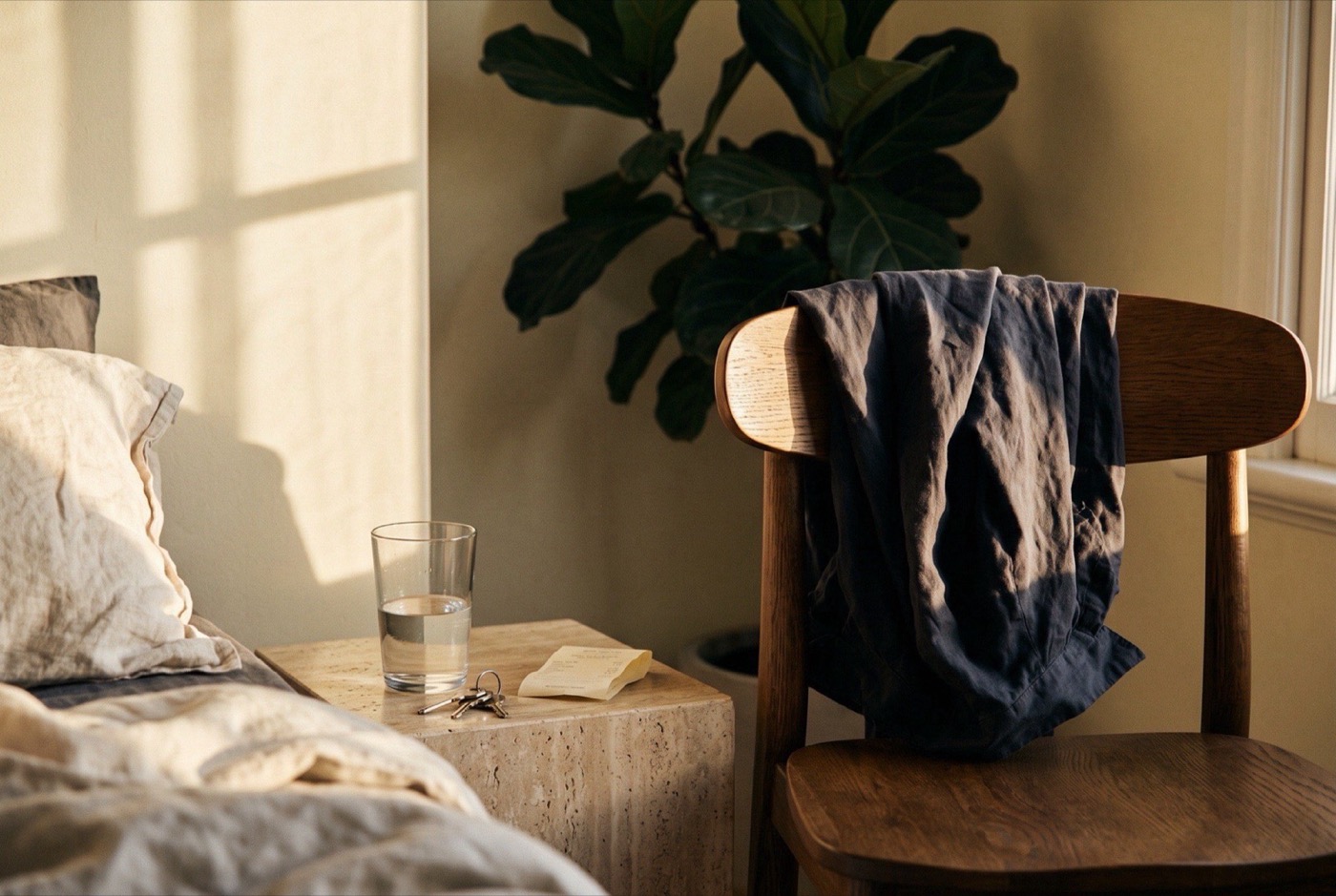 The morning after a night out: a rumpled shirt on a chair, a glass of water, soft early light