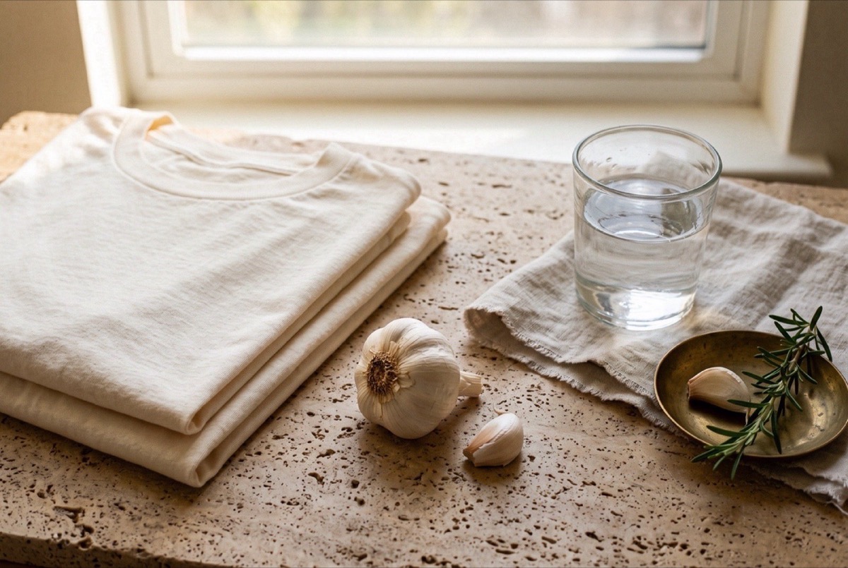 Folded cotton shirts, a head of garlic, a glass of water and a linen towel arranged on stone