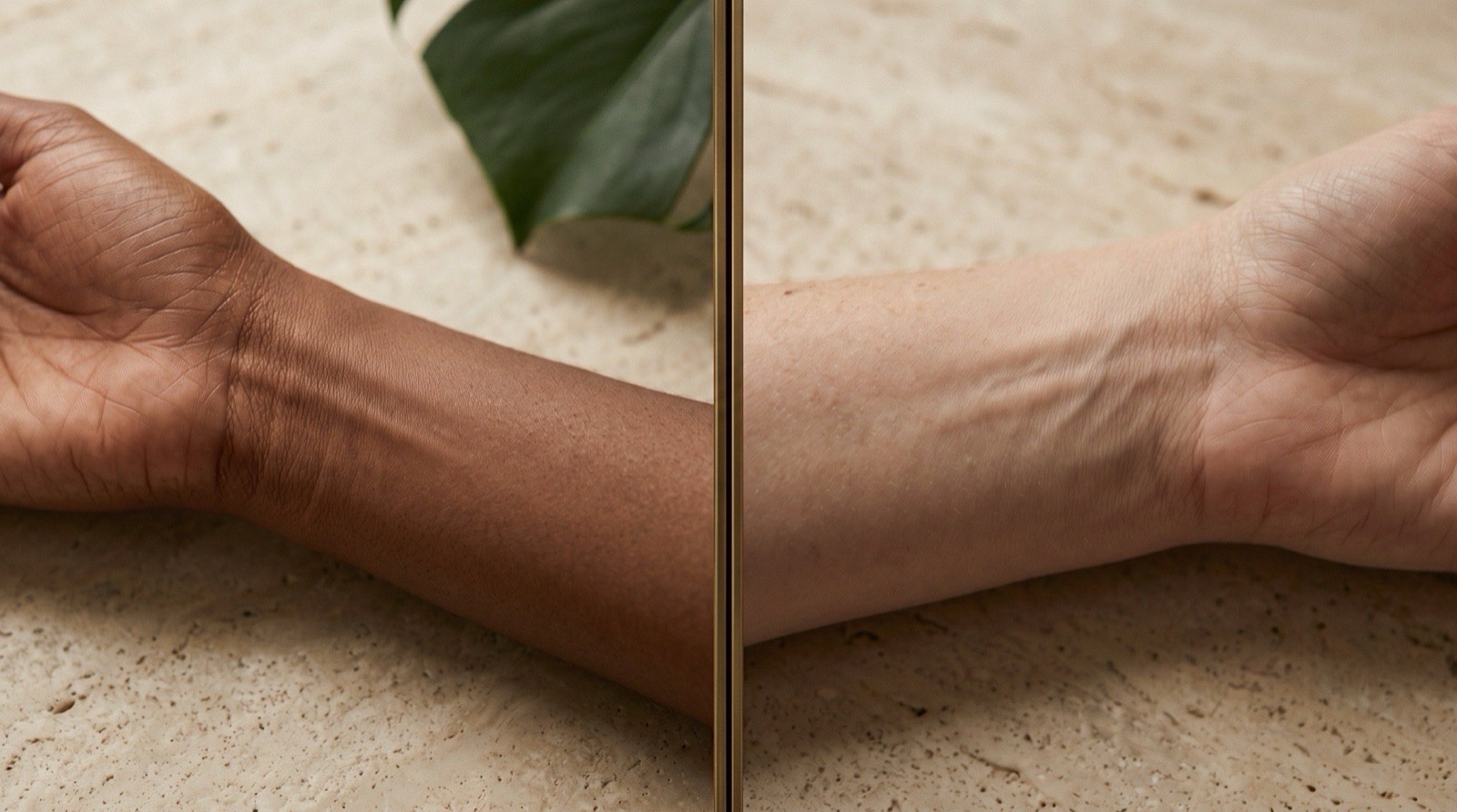 Split frame showing two different people's inner wrists in the same light