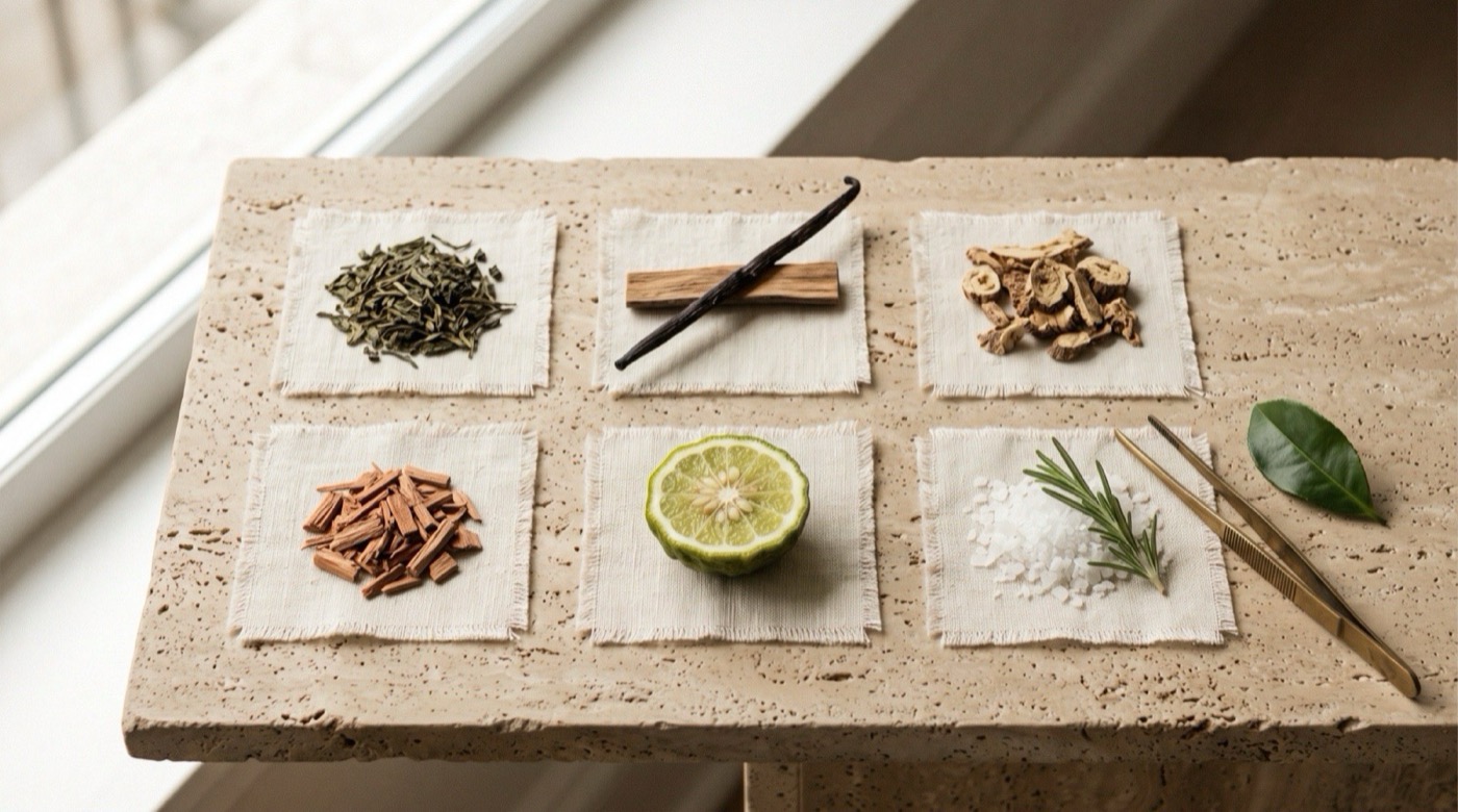 Six small still lifes of raw fragrance ingredients arranged in a grid on stone