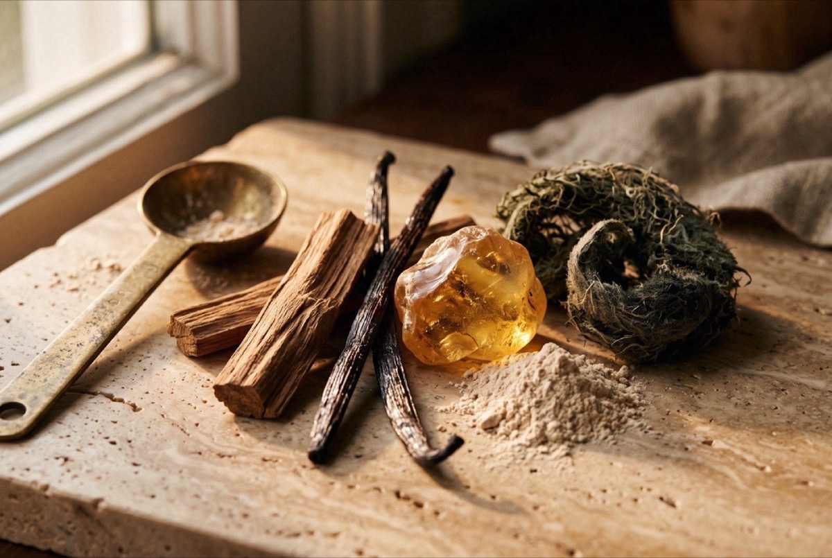 Close-up of base note materials: sandalwood, vanilla, amber resin and raw musk-like powder